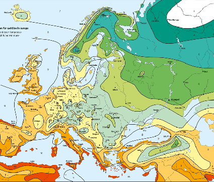 Winterhärtezonen (WHZ) in Europa